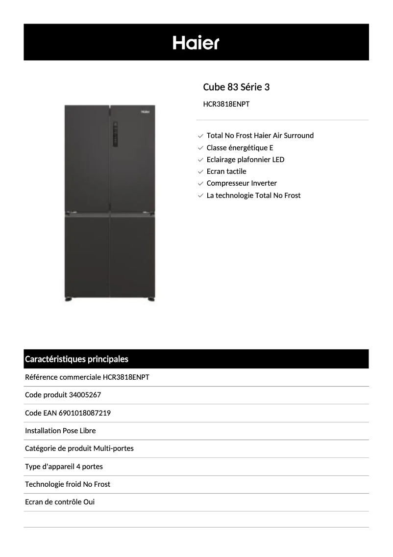 Page 1 of the manual Technical Sheet Haier HCR3818ENPT