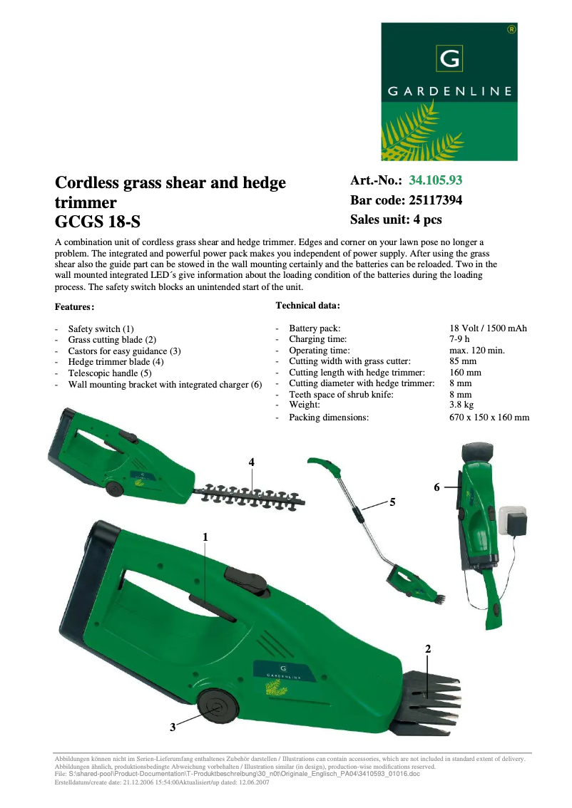 Page 1 of the manual Technical Sheet Gardenline GCGS 18-S
