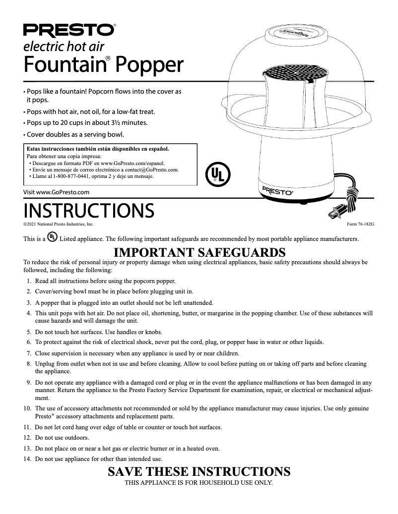 Image de la première page du manuel de l'appareil Electric Hot Air Fountain Popper 04868
