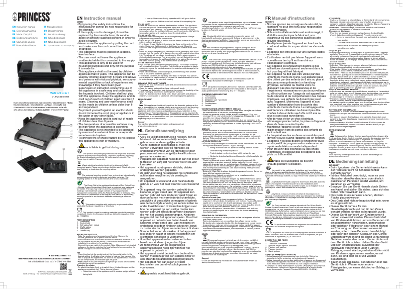Page 1 de la notice Manuel utilisateur Princess Multi Grill 4 in 1 112536