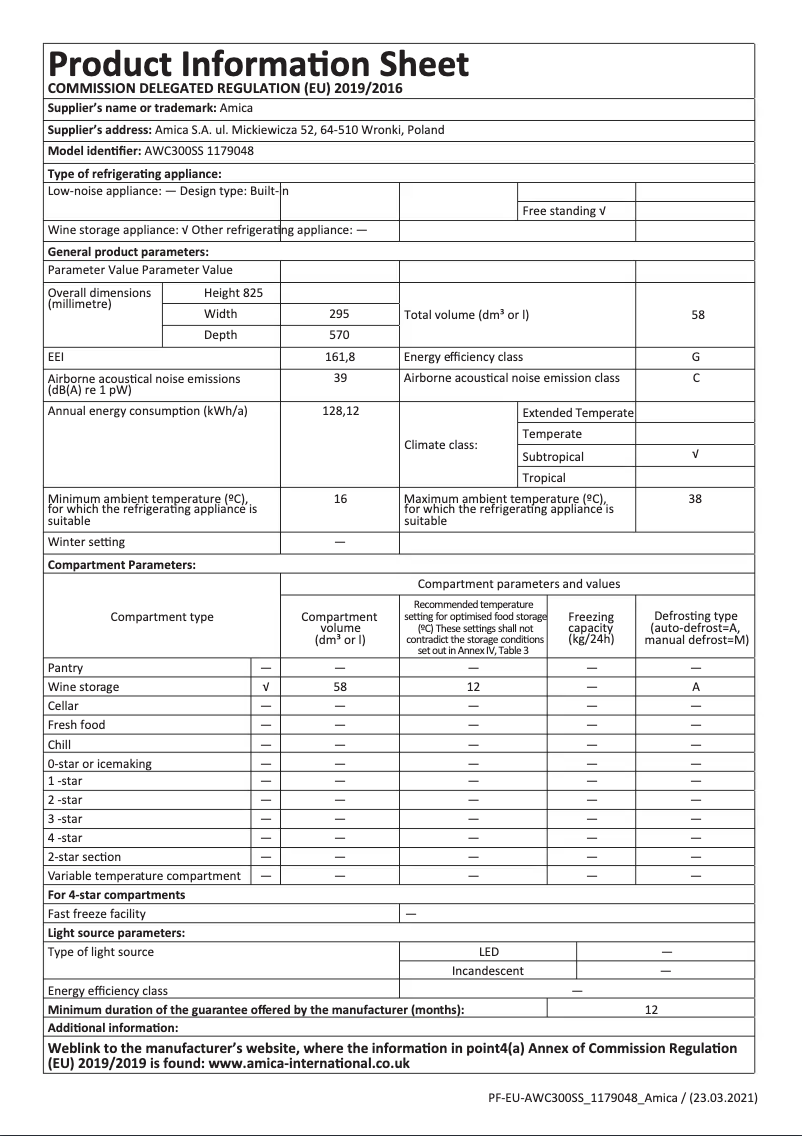 Page 1 of the manual Technical Sheet Amica AWC300