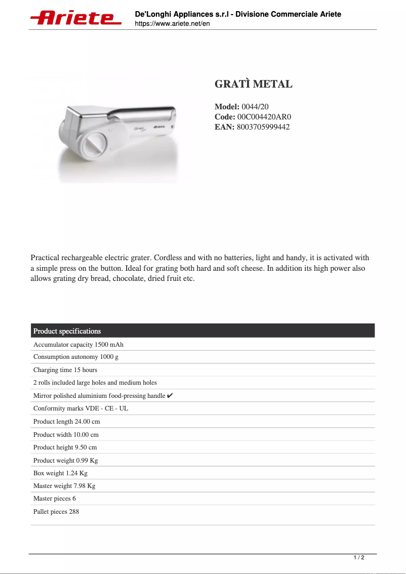 Page 1 de la notice Manuel utilisateur Ariete Gratì Metal 0044
