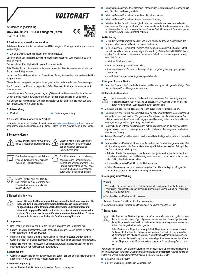 Page 1 of the manual User Manual Voltcraft UC-2XCX001