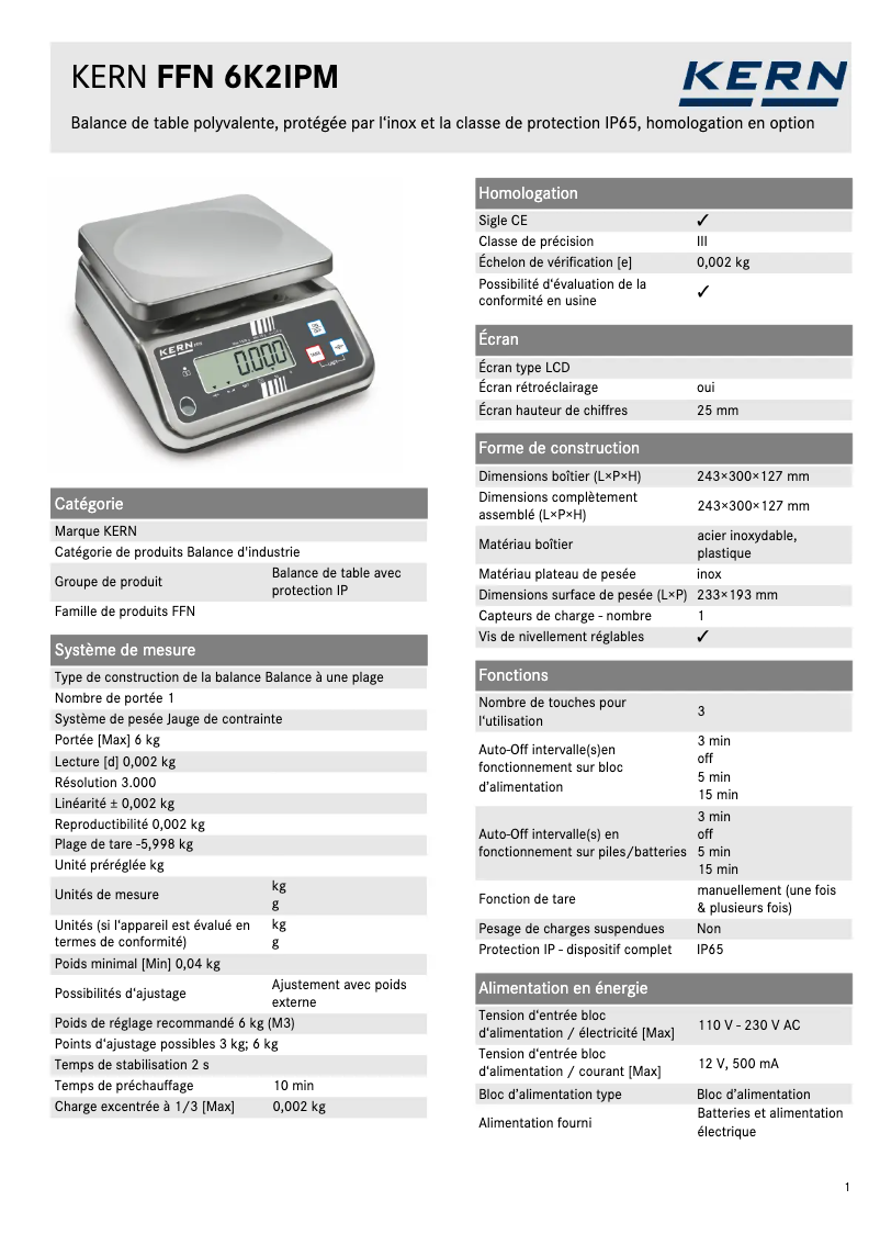 Page 1 of the manual Technical Sheet Kern FFN 6K2IPM