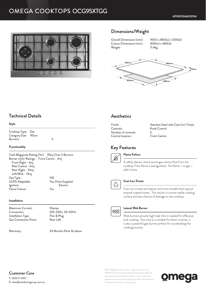Page 1 of the manual Technical Sheet Omega OCG755FX