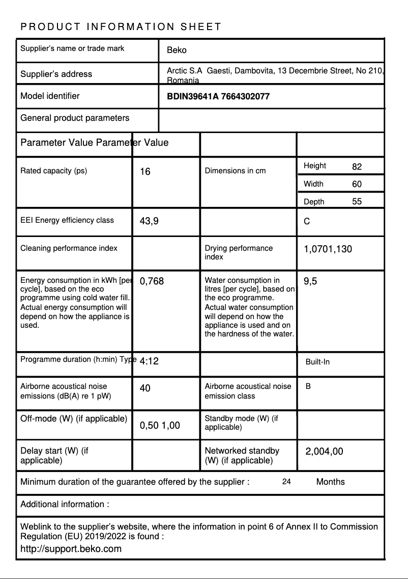 Page 1 of the manual Technical Sheet Beko BDIN39641A
