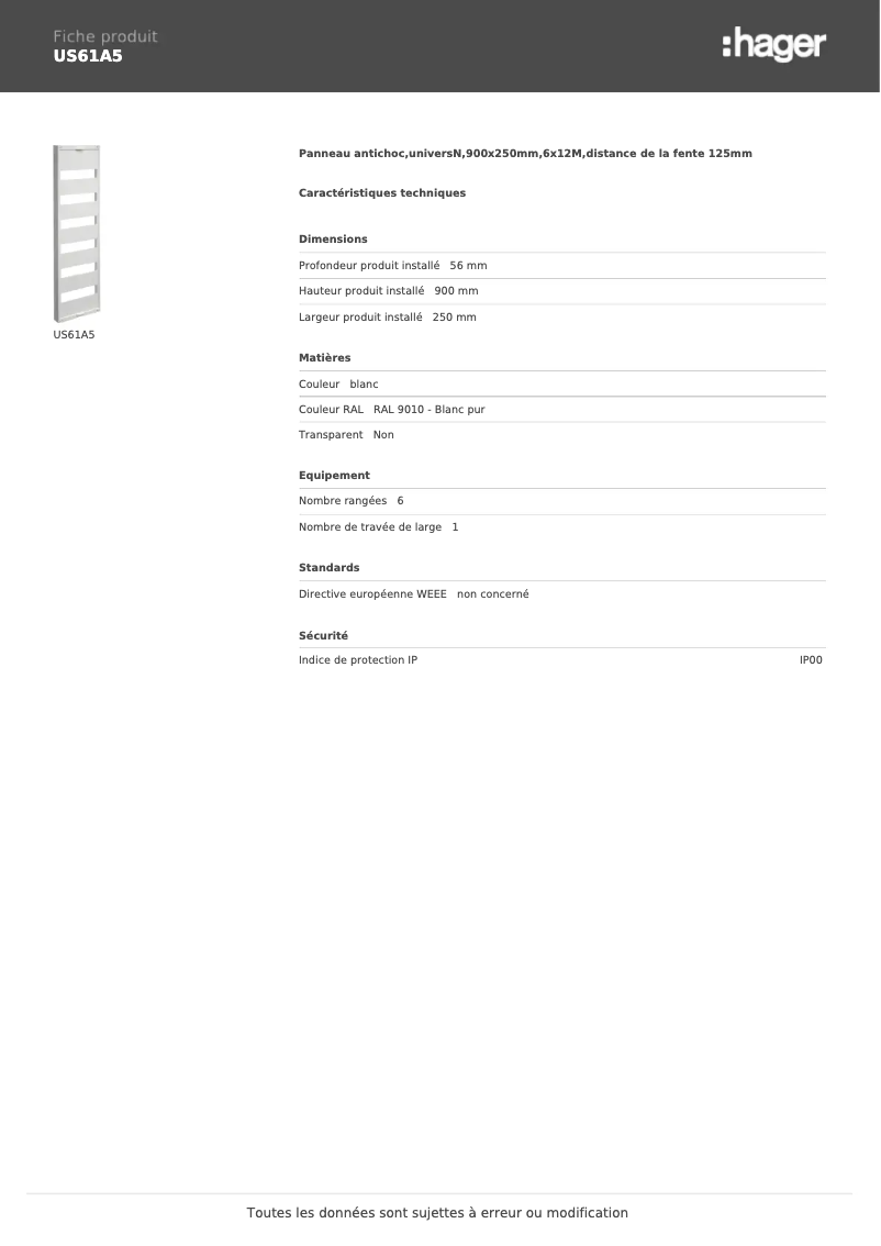 Page 1 of the manual Technical Sheet Hager US61A5