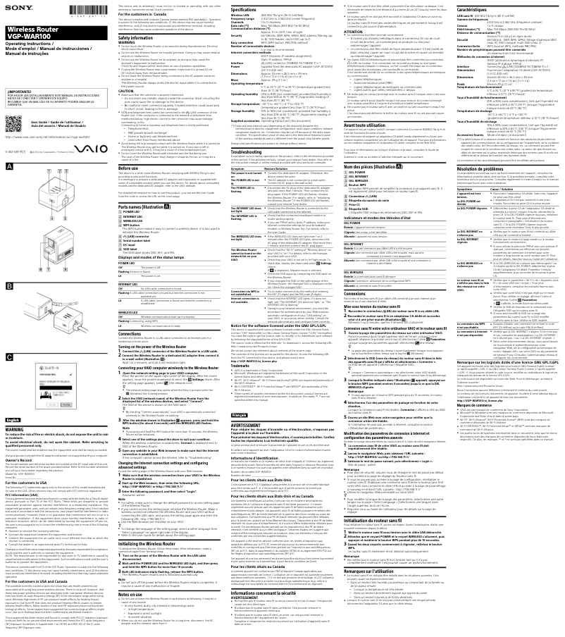 First page image of the manual for VGP-WAR100