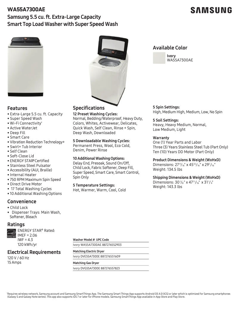 Page 1 of the manual Technical Sheet Samsung WA55A7300AE