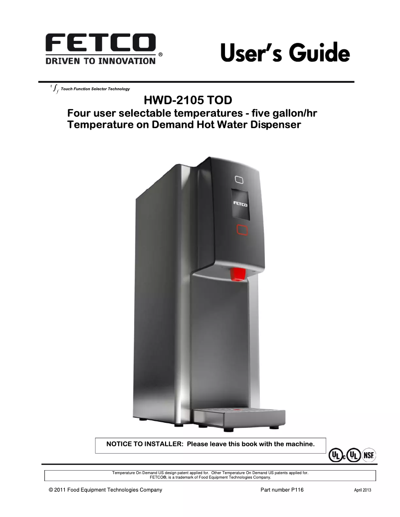 Page 1 of the manual User Manual Fetco HWD-2105TOD