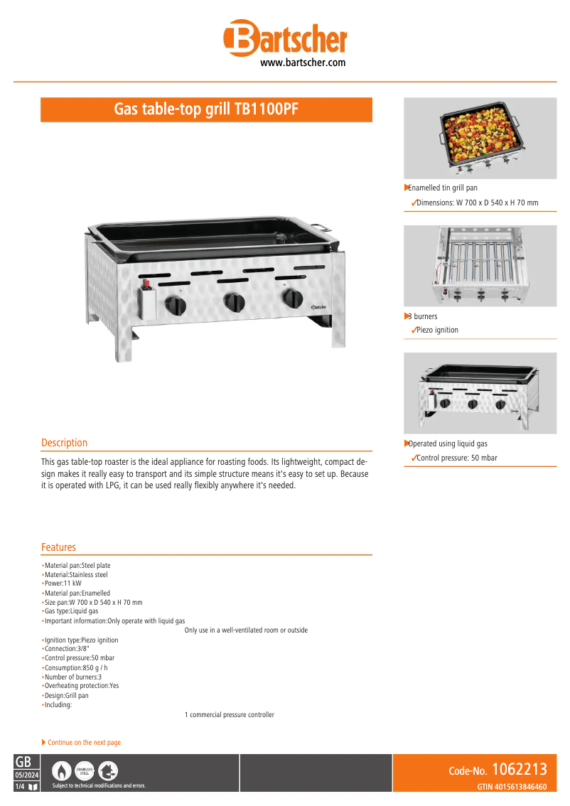 Page 1 de la notice Fiche technique Bartscher TB1100PF