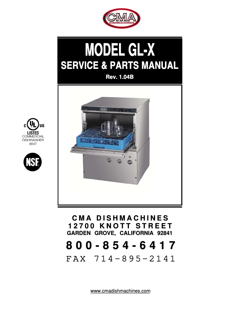 Page 1 of the manual User Manual CMA Dishmachines GL-X