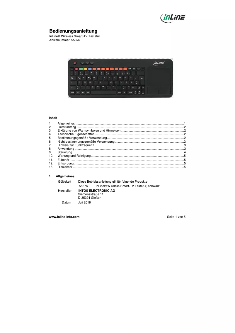 Page 1 of the manual User Manual InLine 55376