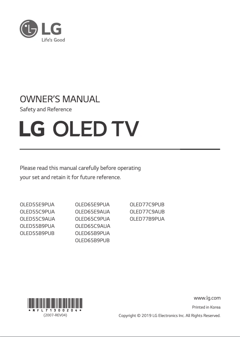 First page image of the manual for OLED55B9PUB