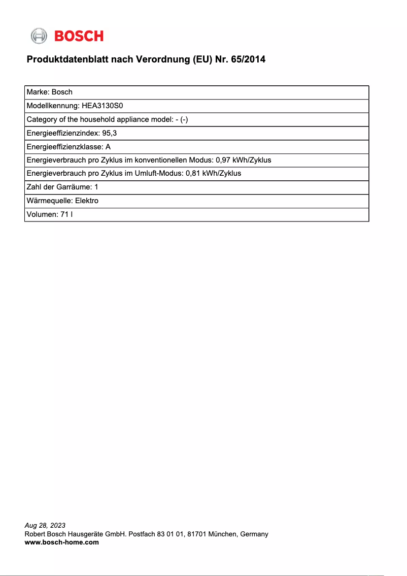 Page 1 of the manual Technical Sheet Bosch HEA3130S0