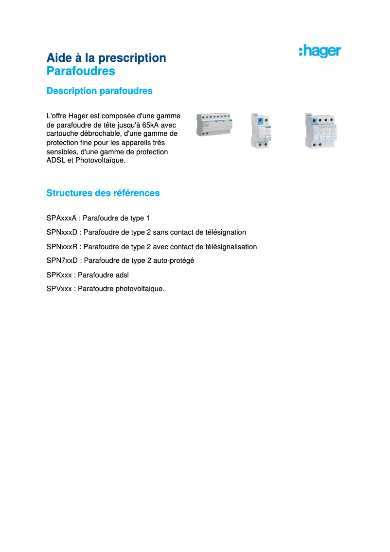 Page 1 of the manual Brochure Hager SPA412A