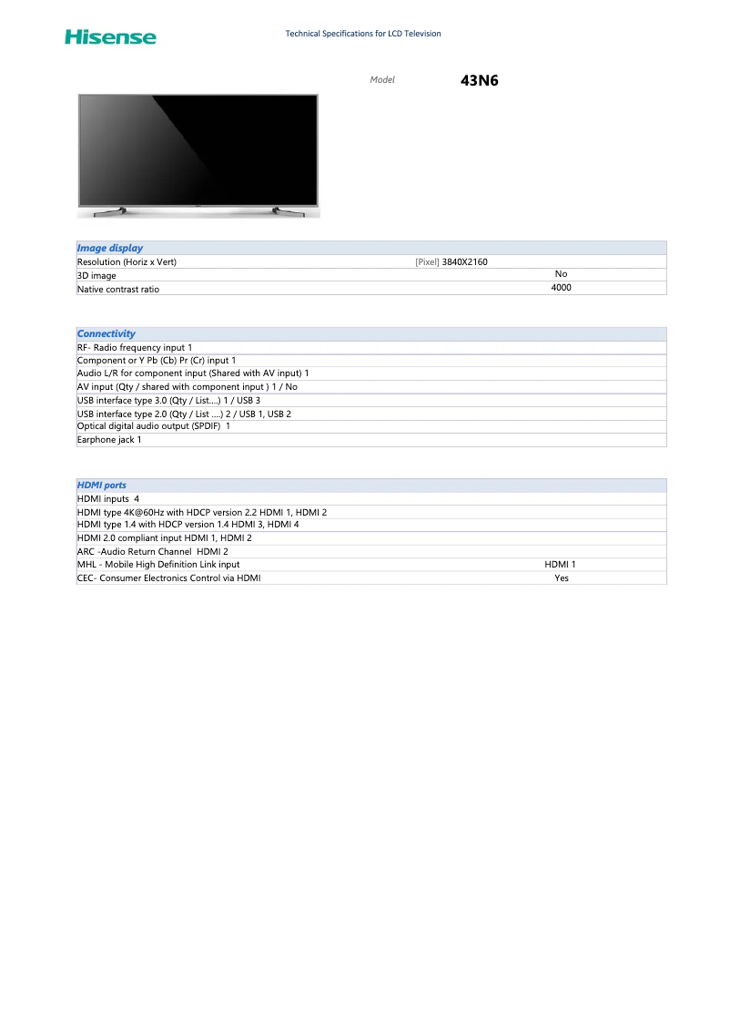 Page 1 of the manual Technical Sheet Hisense 43N6