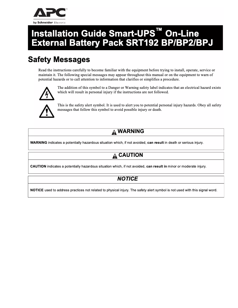 First page image of the manual for Smart-UPS SRT 192V 5kVA