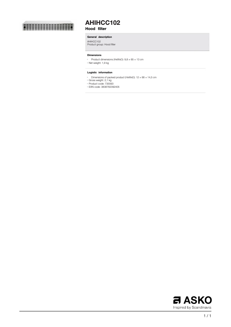Page 1 of the manual Technical Sheet Asko AHIHCC102