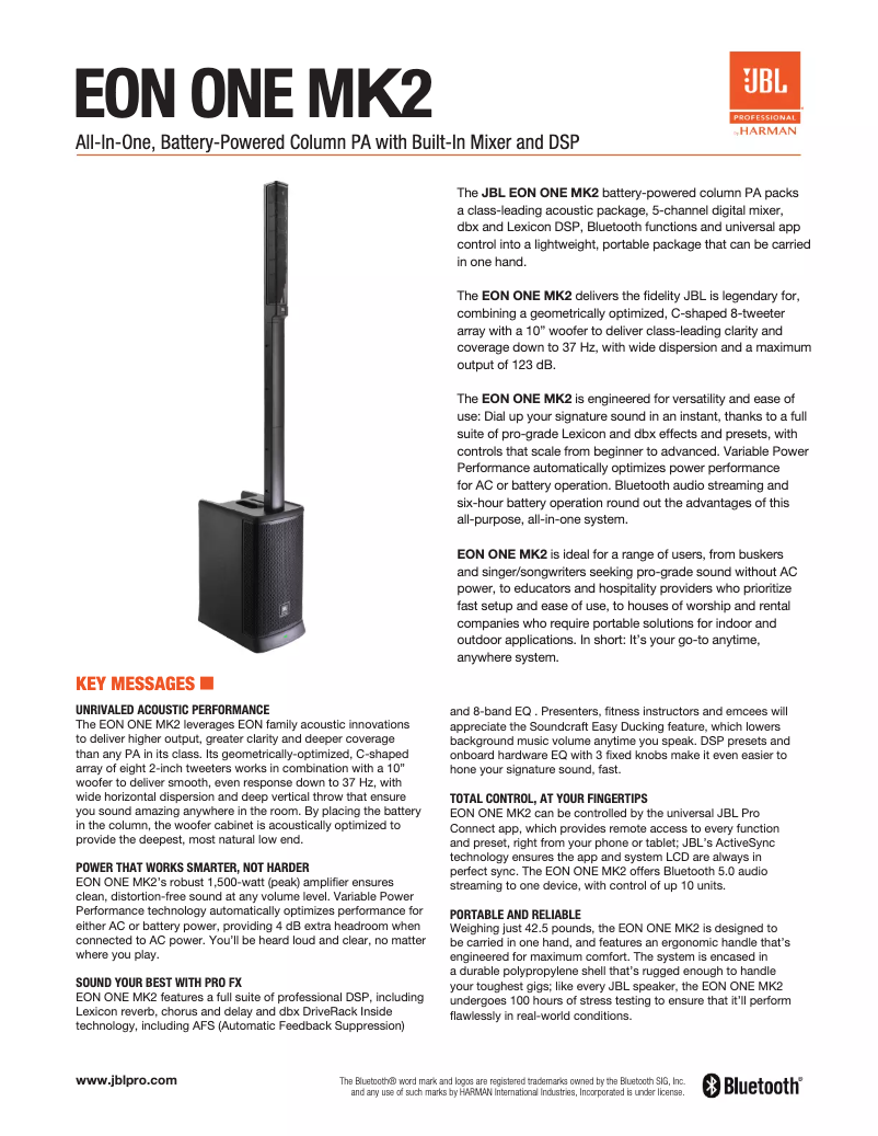 Page 1 of the manual Technical Sheet JBL EON ONE MK2