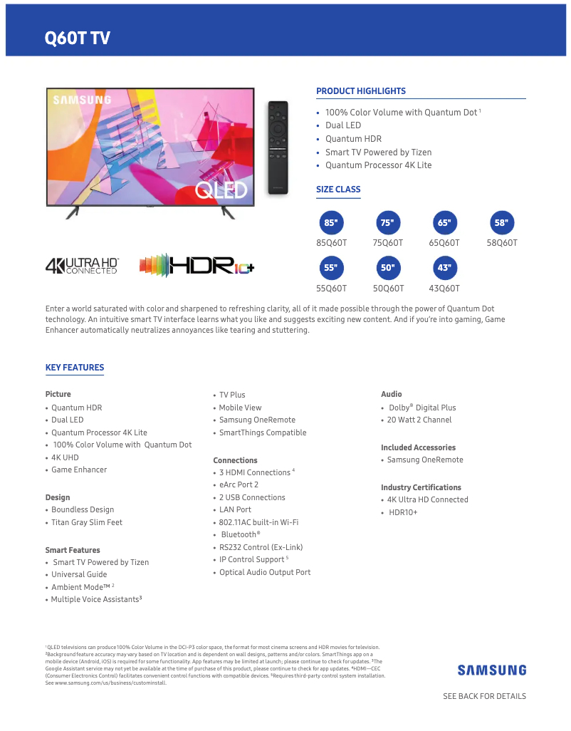 First page image of the manual for QN85Q60TAFXZA
