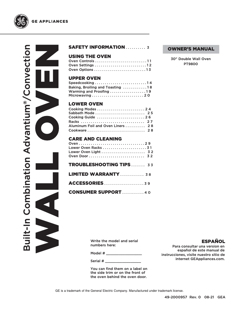 Page 1 of the manual User Manual GE Profile PT9800SHSS