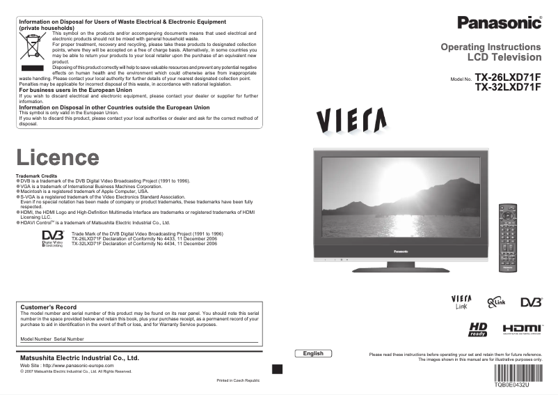 First page image of the manual for Viera TX-26LXD71F