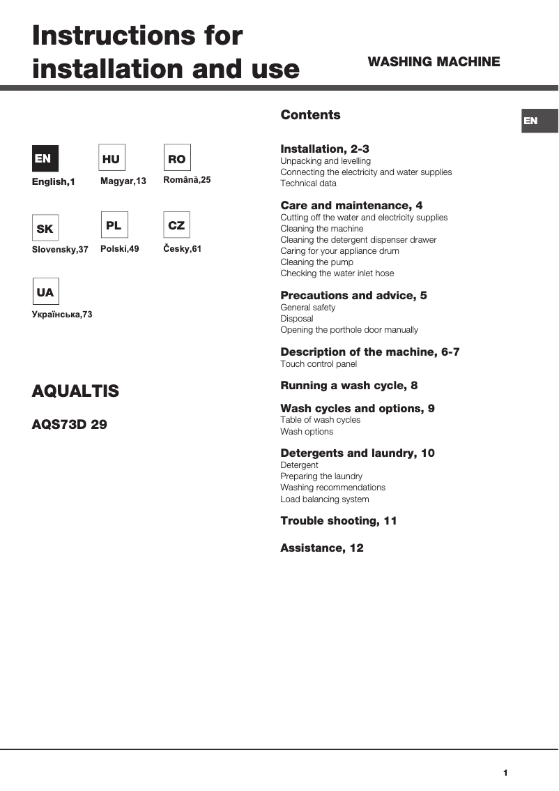 Page 1 of the manual User Manual Hotpoint AQS73D 29 EU/B
