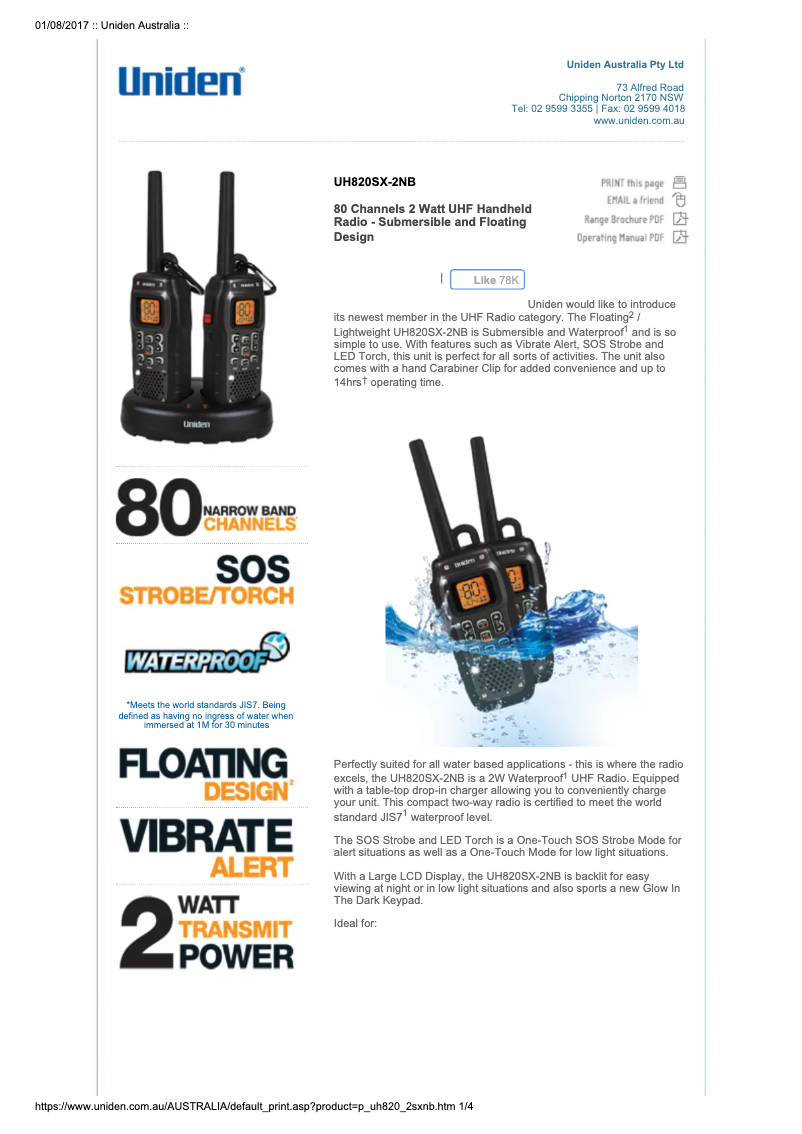 Page 1 of the manual User Manual Uniden UH820SX-2NB