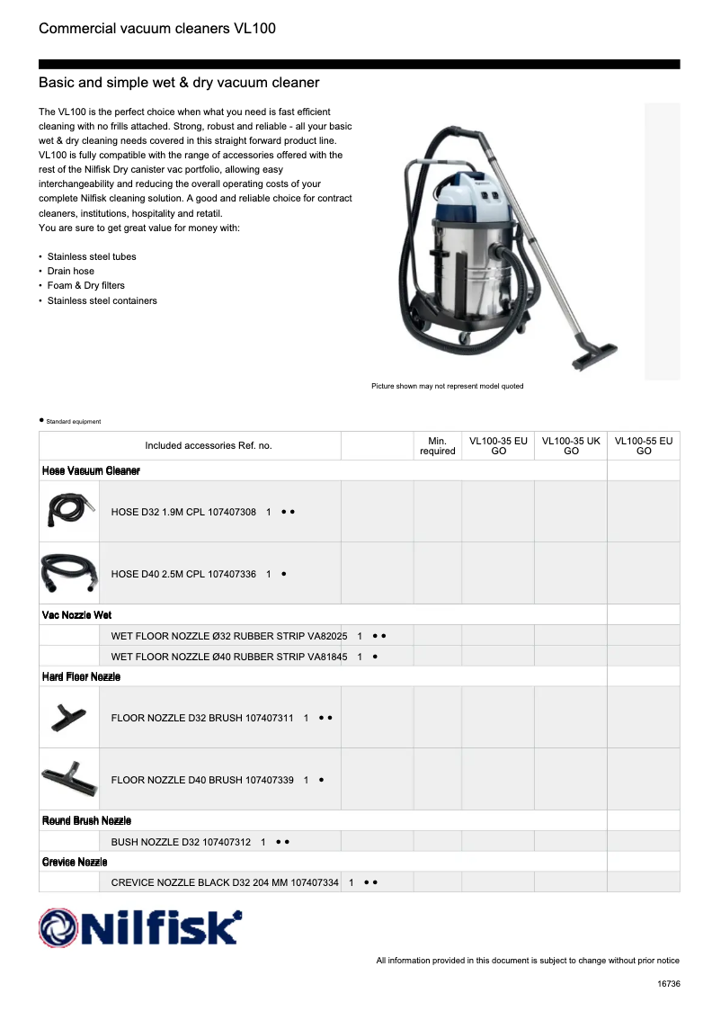 Page 1 of the manual Technical Sheet Nilfisk VL100