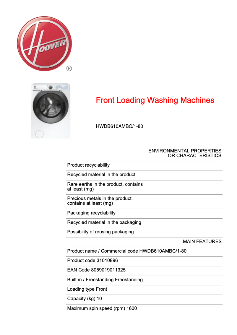 First page image of the manual for H-WASH 500 HWDB610AMBC/1-80