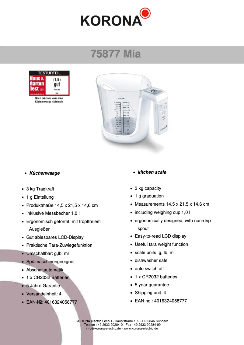 Page 1 de la notice Fiche technique Korona Mia 75877