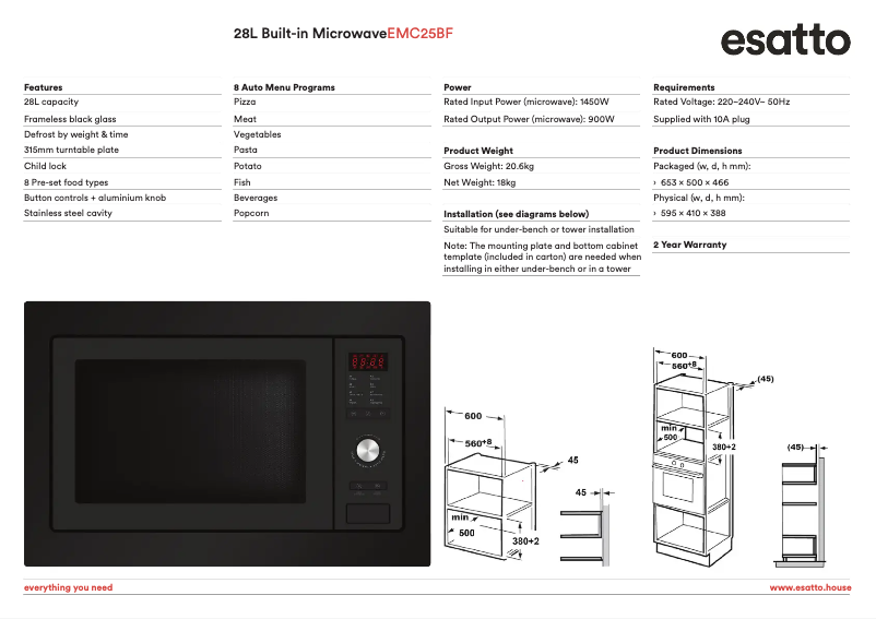 Page 1 of the manual Technical Sheet Esatto EMC25BF