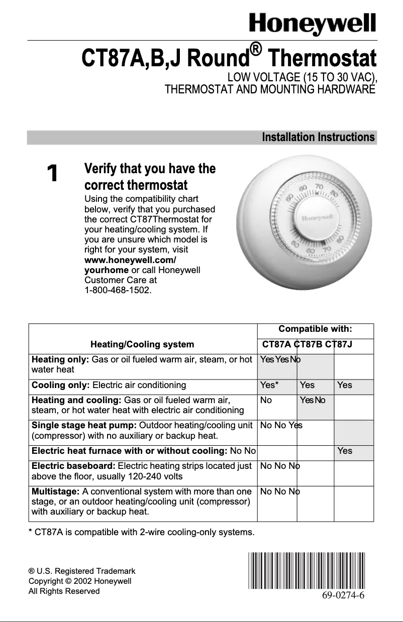 Page 1 of the manual User Manual Honeywell CT87B