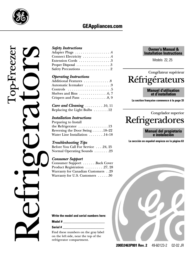 Page 1 of the manual Instruction Manual GE PTS22LBNWW