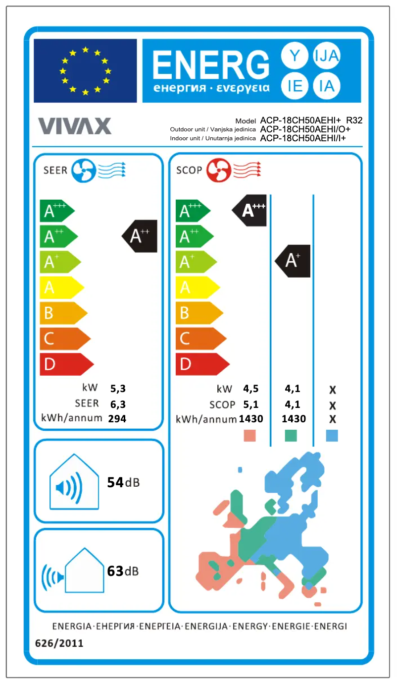 Page 1 of the manual Energy Label Vivax ACP18CH50AEHI+ R32