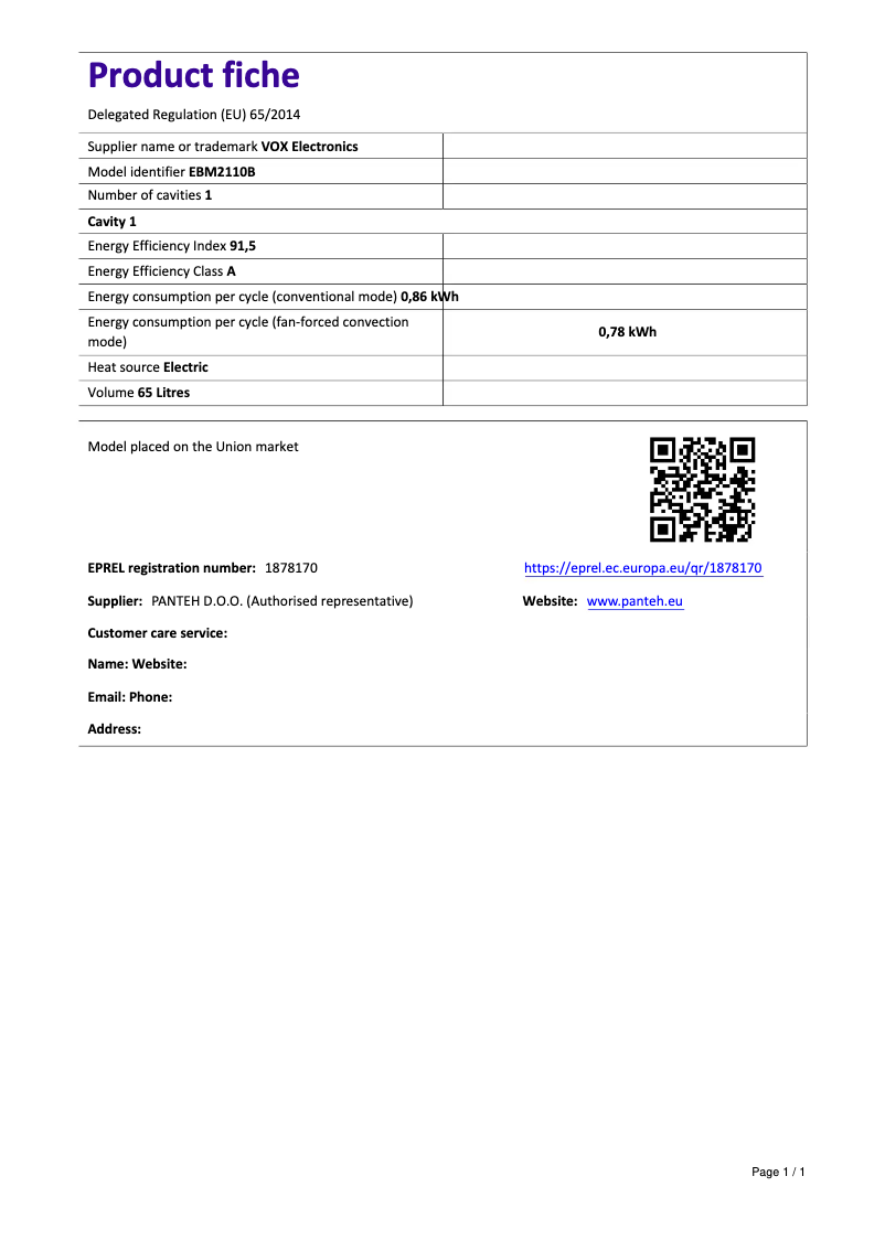 Page 1 of the manual Technical Sheet VOX EBM2110B