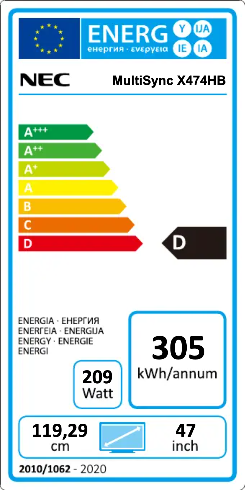 Page 1 of the manual Energy Label NEC MultiSync X474HB