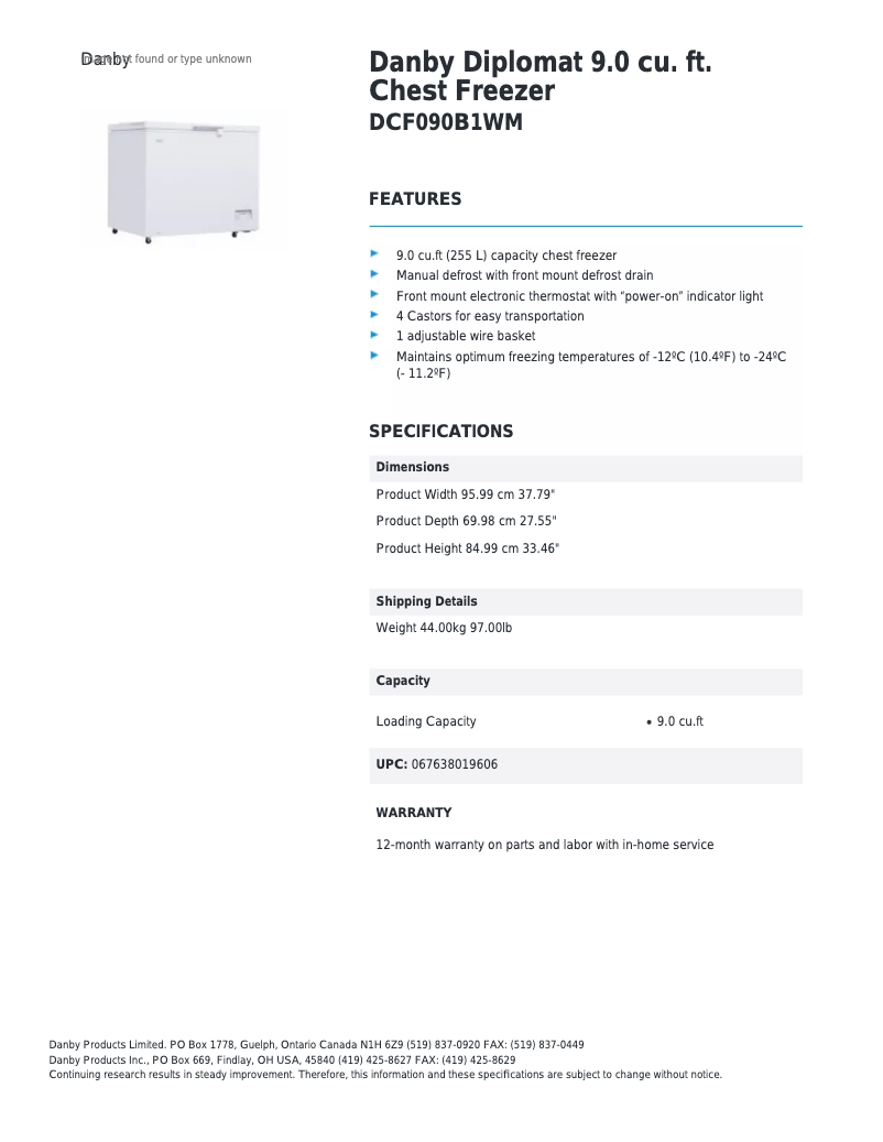 Page 1 of the manual Technical Sheet Danby DCF090B1WM