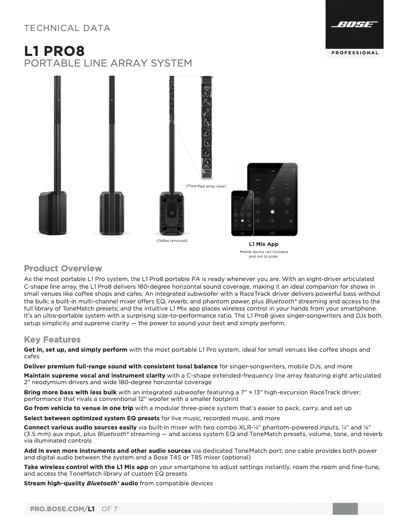 Page 1 of the manual Technical Sheet Bose L1 Pro8