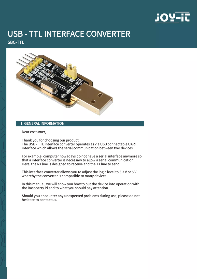 Page 1 de la notice Manuel utilisateur Joy-It SBC-TTL