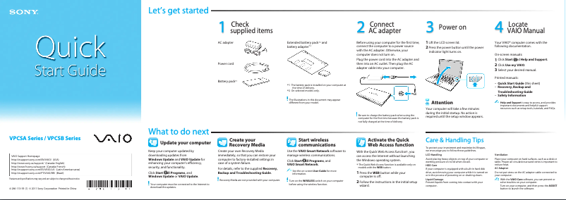 First page image of the manual for Vaio VPCSB21