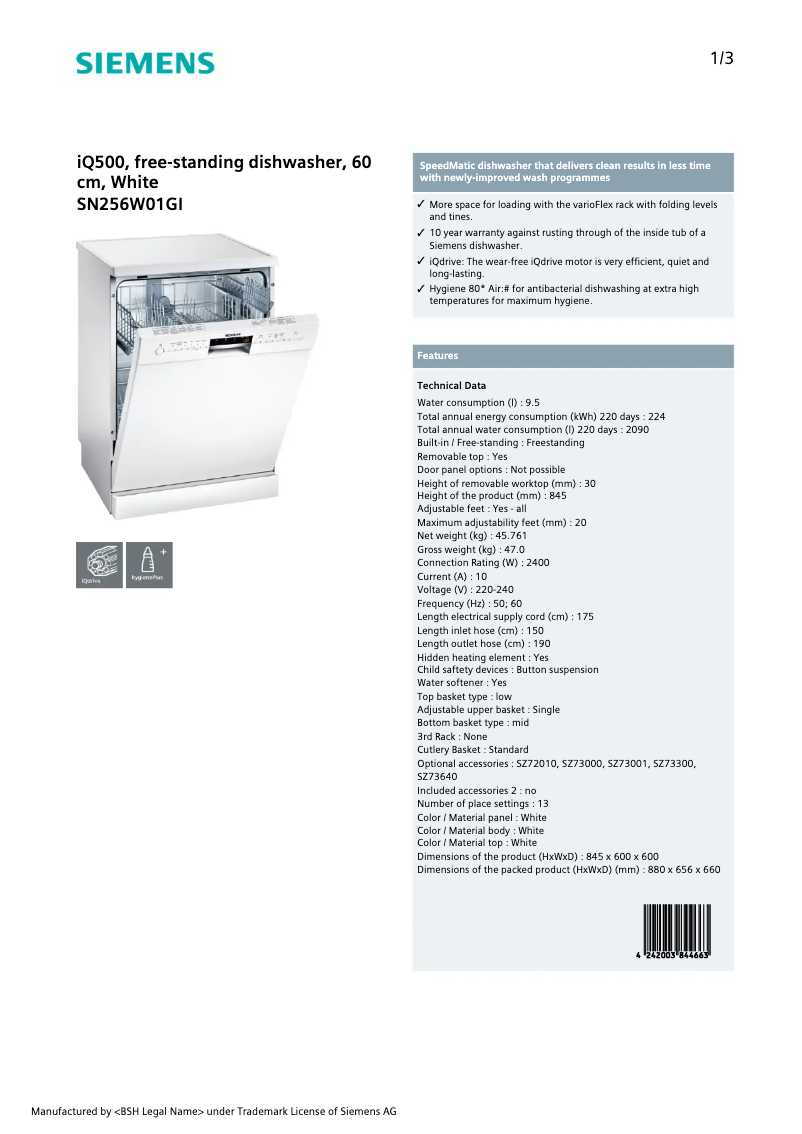 Page 1 of the manual Technical Sheet Siemens SN256W01GI