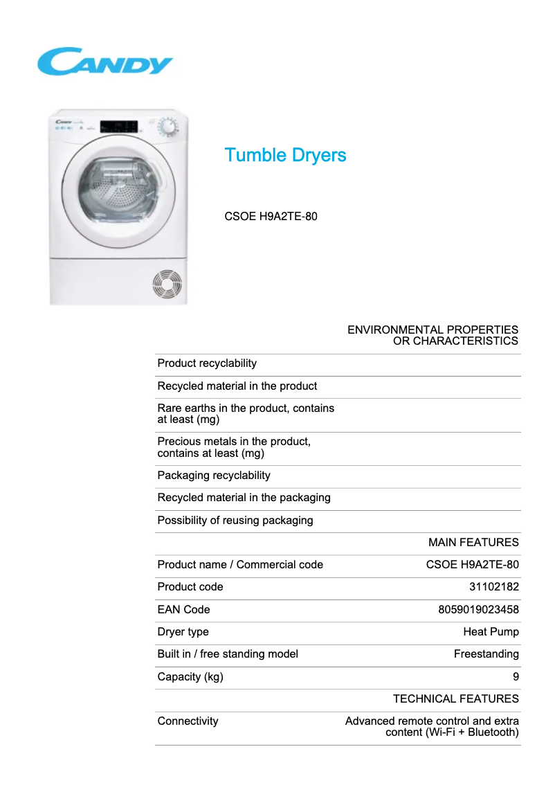 Page 1 of the manual Technical Sheet Candy CSOE H9A2TE-80