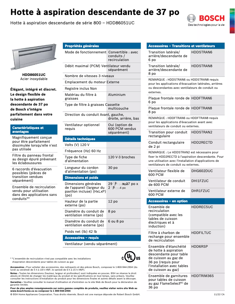 Page 1 of the manual Technical Sheet Bosch HDD86051UC