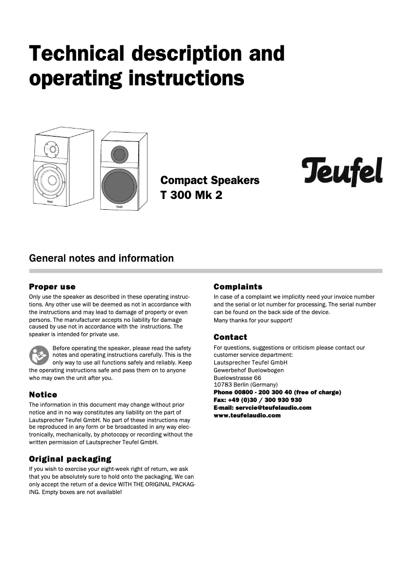Page 1 of the manual User Manual Teufel T 300 Mk2