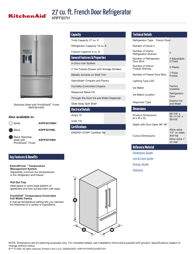 Page 1 of the manual Technical Sheet KitchenAid KRFF507HPS