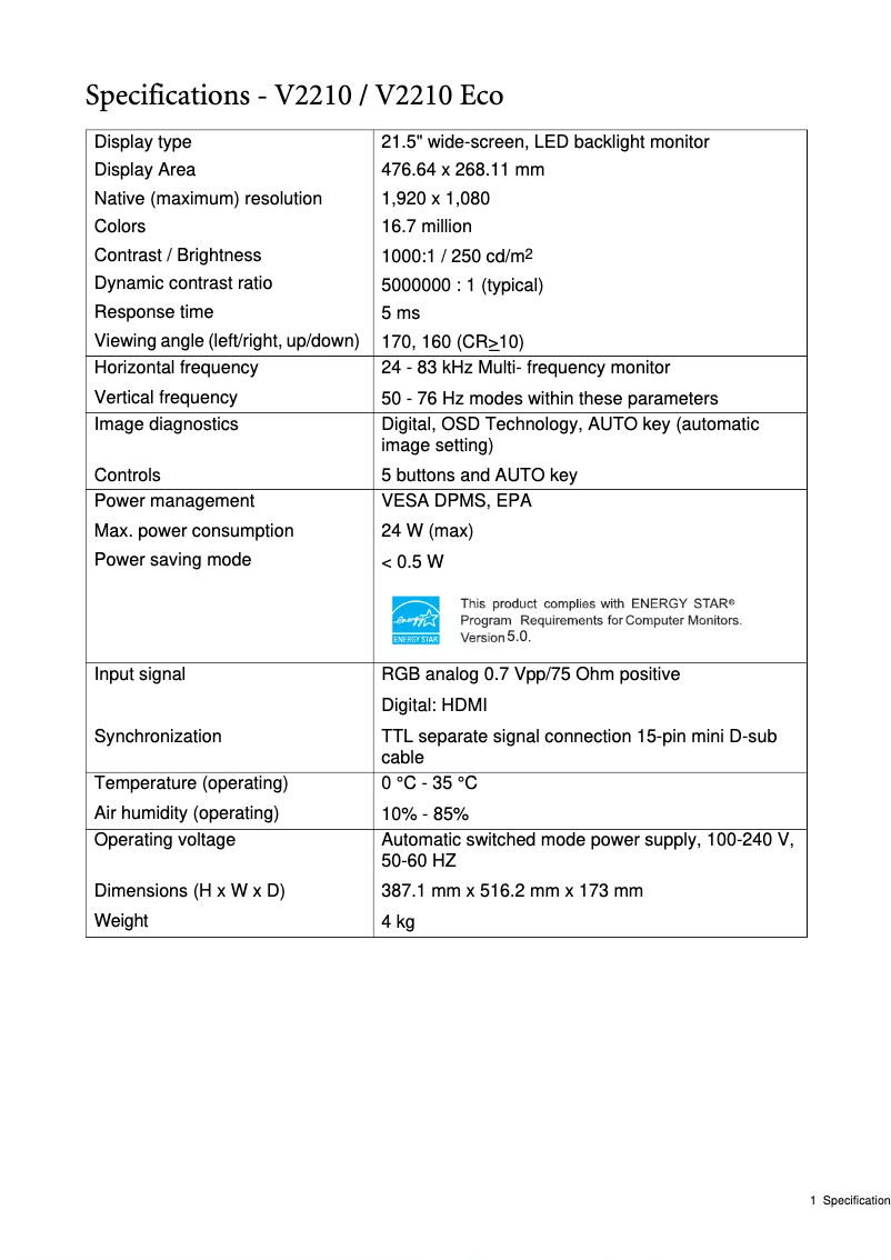 Image de la première page du manuel de l'appareil V2210 Eco