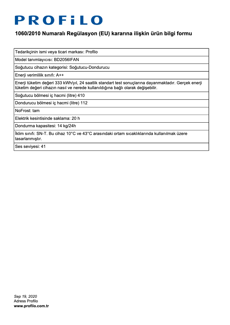 Page 1 of the manual Energy Label Profilo BD2056IFAN