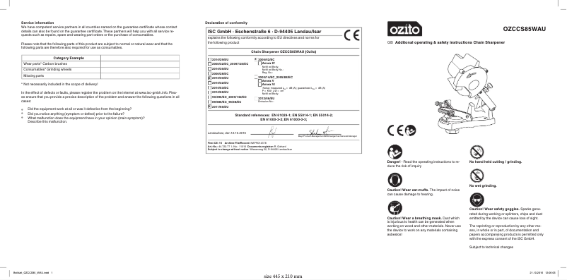 First page image of the manual for OZCCS85WAU